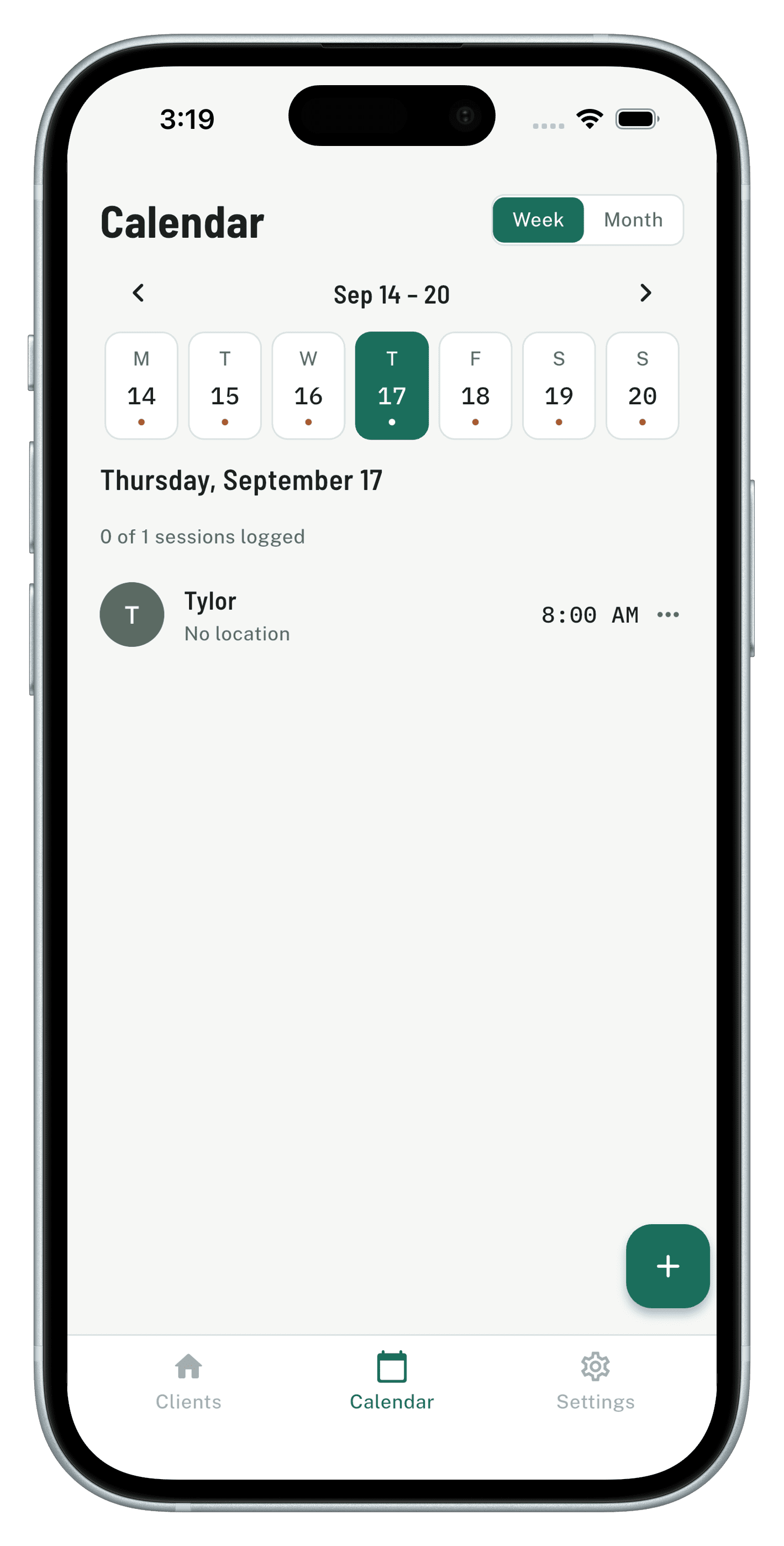 Weekly calendar view showing a scheduled client session