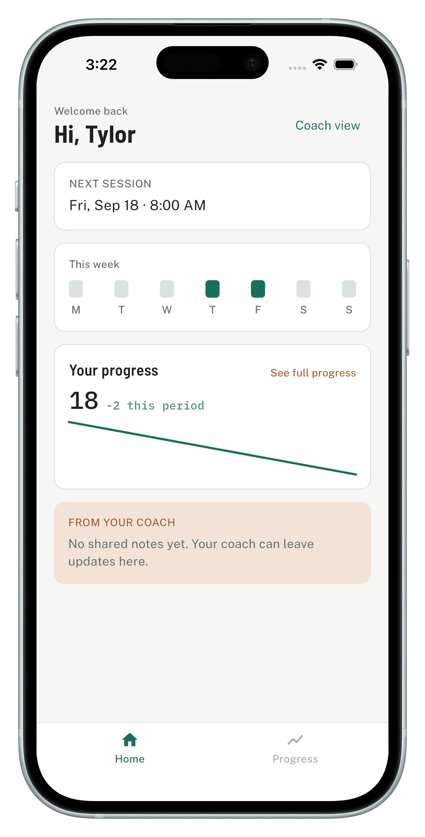 Client home screen showing their next session at a glance