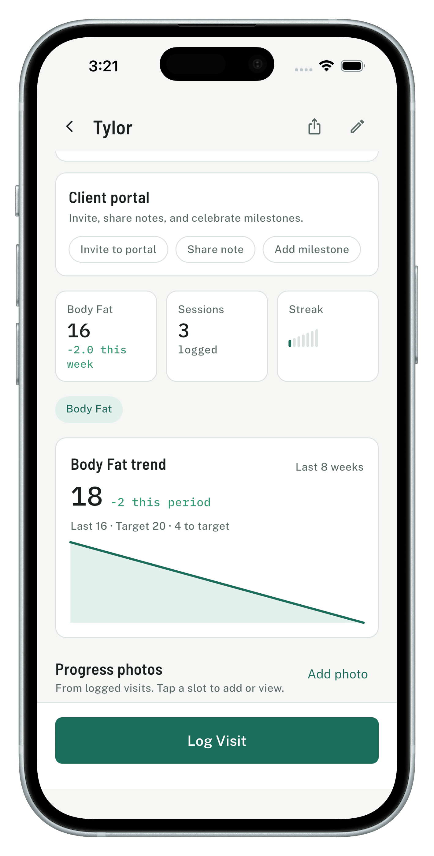 Client trend chart with body fat percentage tracked over eight weeks
