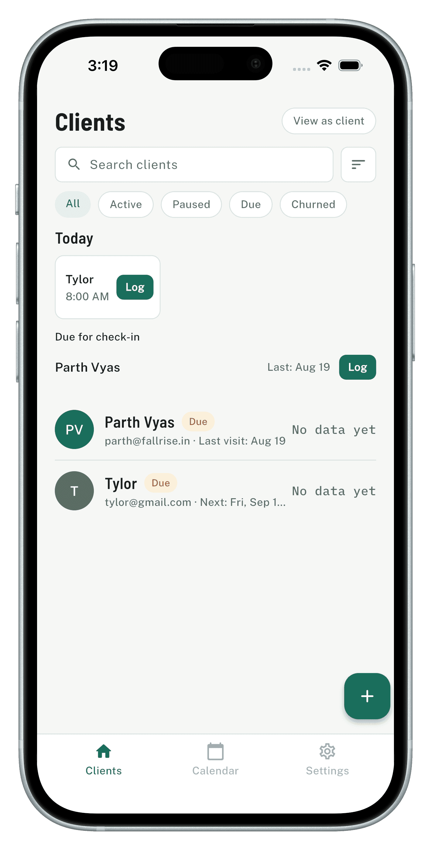 Clients list with status filters like Active, Paused, and Due